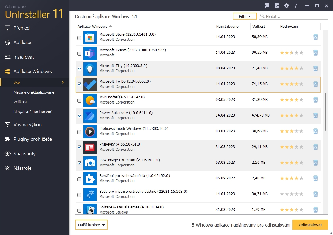 Pokud vám vadí, kolika aplikacemi a doplňky vybavil Microsoft svoje Windows, pomůže vám program Ashampoo UnInstaller s odstraněním všech zbytečností. V nabídce „Aplikace Windows“ zjistíte, že aplikací integrovaných do Windows je několik desítek. | Zdroj: UnInstaller 11