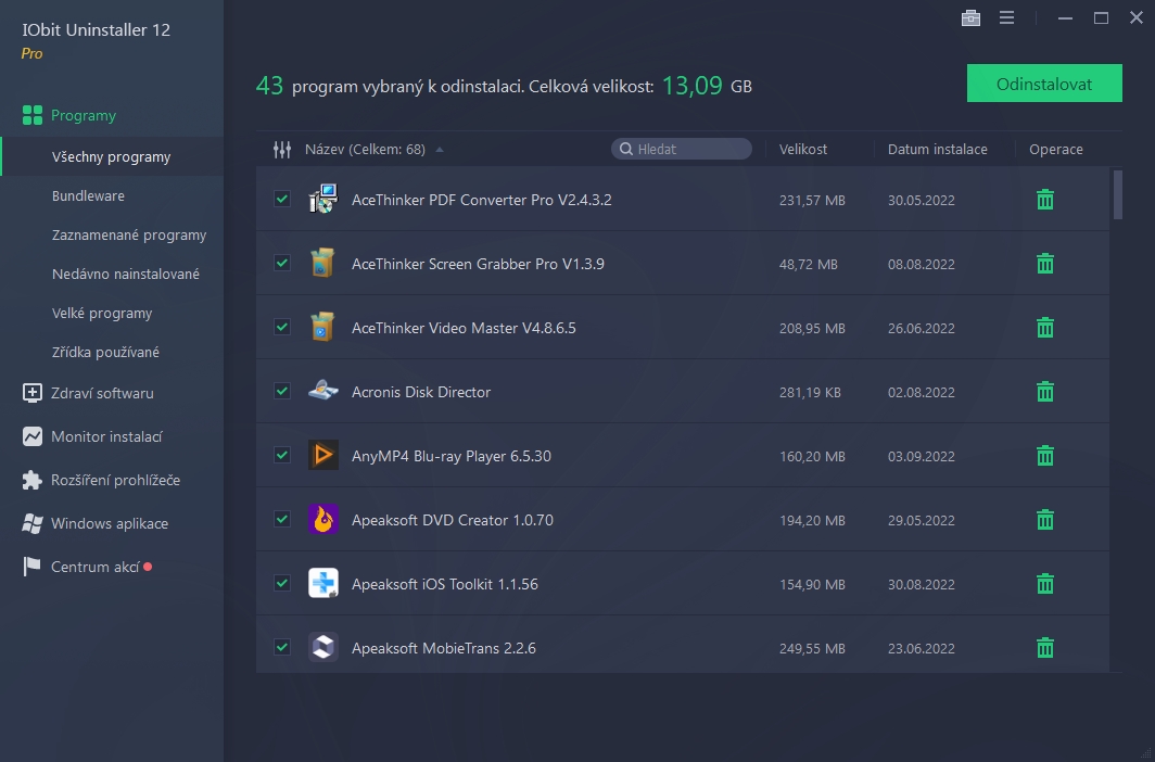 Obrovskou výhodou programu IObit Uninstaller je, že můžete nepotřebné aplikace odinstalovávat hromadně. IObit Uninstaller navíc identifikuje nepotřebné (bundleware) programy, nedávno instalovaný software, aplikace, které zabírají v počítači nejvíce místa nebo programy, které jste dlouhou dobu nepoužili. Vše najdete přímo v nabídce Programy. | Zdroj: Uninstaller 12 Pro