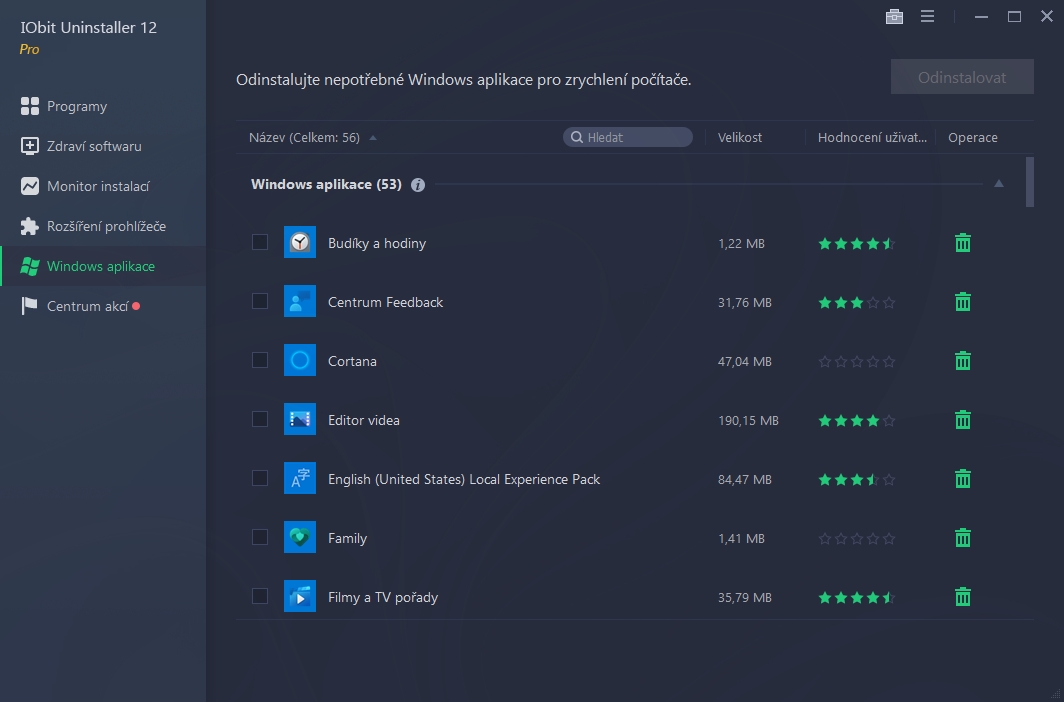 V nabídce Windows aplikace najdete přehled softwarové výbavy, kterou Microsoft integroval do operačního systému Windows. IObit Uninstaller přitom umí odstranit i ty aplikace ze základní výbavy Windows, které nelze odinstalovat standardním způsobem. | Zdroj: Uninstaller 12 Pro