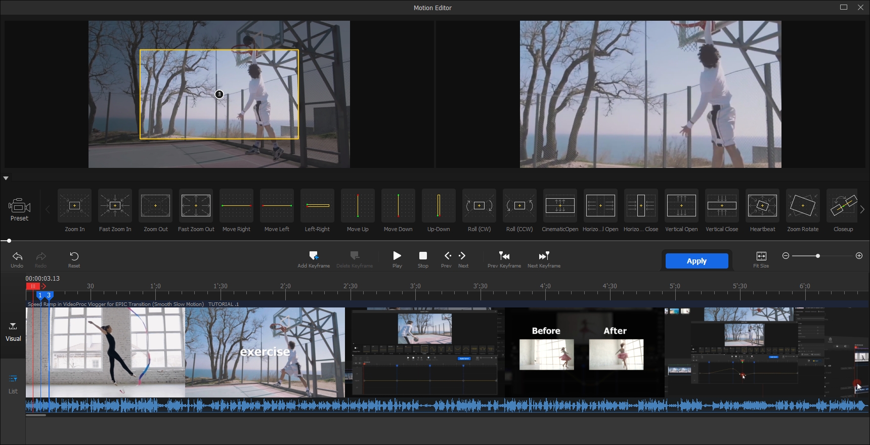 Mezi pokročilé funkce programu VideoProc Vlogger patří i „Motion Editor“, který umí do záběrů přidat efekt pohybu a zoomování kamery. V samostatném okně této funkce můžete záběry vyladit s pomocí připravených šablon efektů a pak vložit zpět na časovou osu. | Zdroj: Vlogger