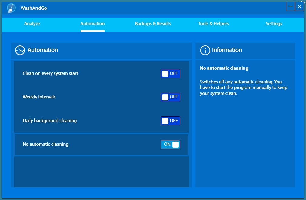 Aby byla údržba efektivní, je potřeba ji provádět pravidelně. Doporučujeme vám tedy nastavit si na kartě »Automation« spouštění čištění v časovém intervalu, který vám bude nejlépe vyhovovat. Program se může automaticky spouštět buď při každém startu počítače, jednou týdně nebo každý den v zadaný čas. | Zdroj: WashAndGo 21