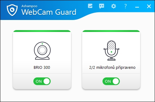 Ovládání aplikace Ashampoo WebCam Guard je extrémně snadné. Po instalaci a spuštění se program usídlí v oznamovací oblasti hlavního panelu Windows (vedle hodin), odkud vyvoláte její okno. Jediným kliknutím pak můžete zablokovat přístup ke kameře a/nebo k mikrofonu. | Zdroj: WebCam Guard