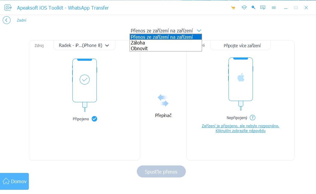 Aby mohla aplikace Apeaksoft WhatsApp Transfer pracovat s obsahem vašeho iPhonu, neobejdete se bez instalace programu iTunes do vašeho počítače. Ten pak zajistí zpřístupnění konverzací v komunikátoru WhatsApp, aby je bylo možné přenést do počítače nebo rovnou do druhého iPhonu. | Zdroj: WhatsApp Transfer