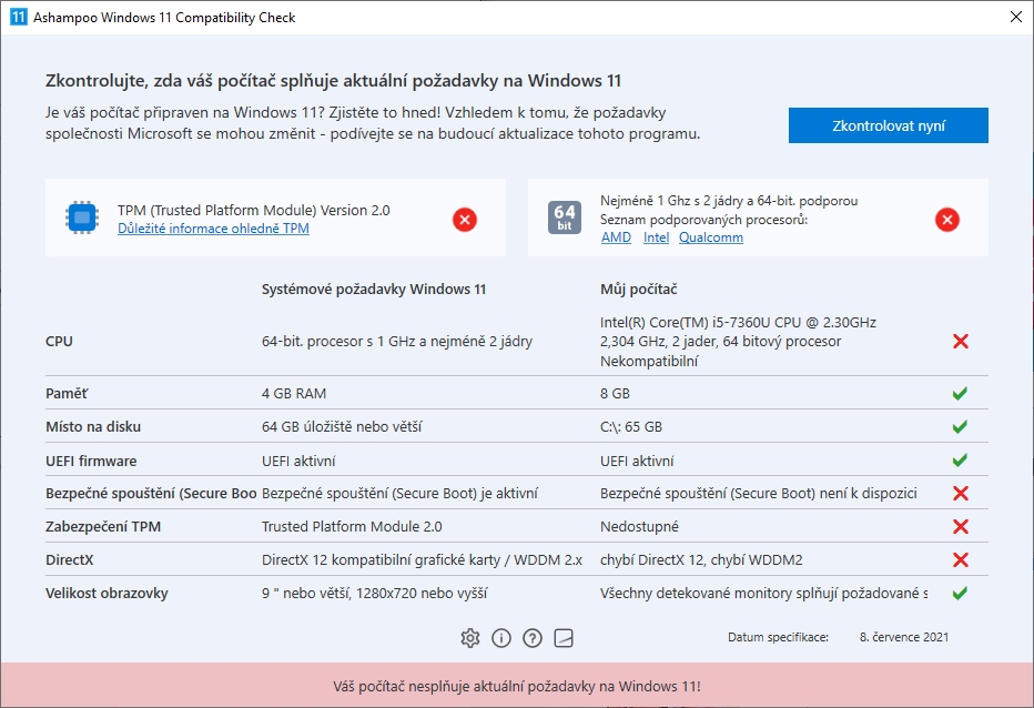 Nástroj Windows 11 Compatibility Check zkontroluje součásti: CPU, RAM, pevný disk, rozlišení displeje, grafická karta, DirectX, WDDM, TPM, UEFI a SecureBoot. | Zdroj: Windows 11 Compatibility Check