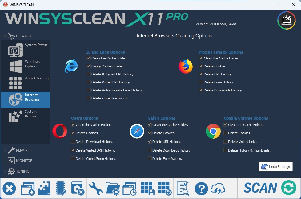 WinSysClean očistí od zbytečností nejen operační systém Windows, ale také odstraní nepotřebná data po různých aplikacích. Velmi zajímavá je navíc i možnost likvidace pozůstatků po surfování na internetu v běžně používaných internetových prohlížečích. | Zdroj: WinSysClean X11 Pro