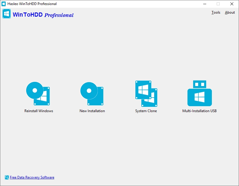 Aplikace WinToHDD má čtyři základní funkce, které najdete hned ve výchozím okně programu. Pokud jste si pořídili nový pevný disk jako náhradu stávajícího, bude se vám hodit především funkce »System Clone«, která vytvoří přesnou kopii současného pevného disku. | Zdroj: WinToHDD Pro 6