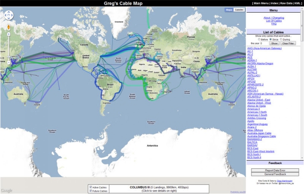 Mapa podmořských komunikačních kabelů postaven na Google Maps