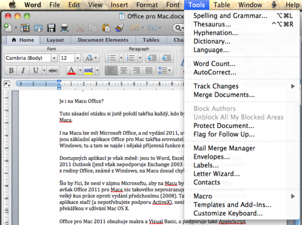 Na Macu mají všechny aplikace menu, tedy i Office.