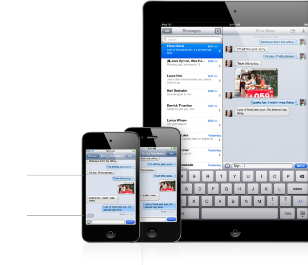 Aplikace iMessage - služba zasílání zpráv, která umožňuje snadné posílání textových zpráv, fotografií a videí mezi zařízeními se systémem iOS.
