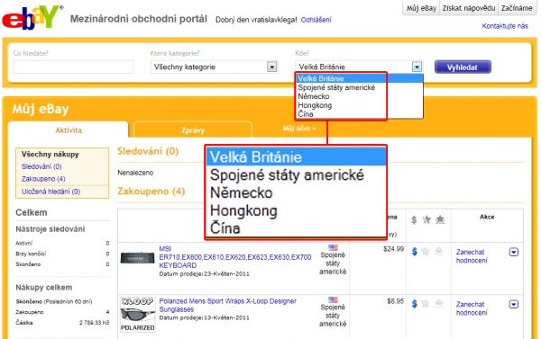 eBay.cz nabízí zboží z Číny a Hogkongu