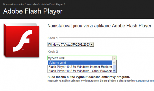 Výběr přehrávače Adobe Flash podle prohlížeče
