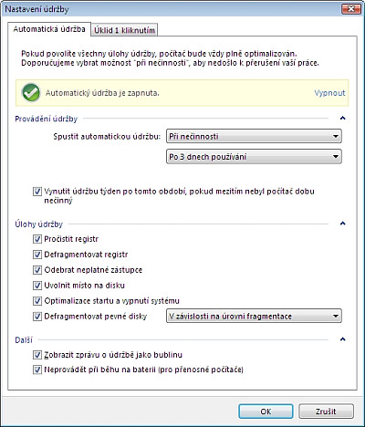 Automatická optimalizace: Údržba systému využívá nečinnost počítače k čistění registru a pevného disku.