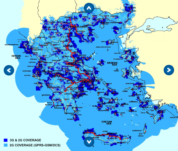 Mapa pokrytí Řecka mobilní sítí Wind Hellas