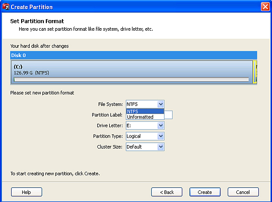 Nový oddíl: Program podporuje jen formát NTFS, což by uživatelům Windows nemělo vadit.