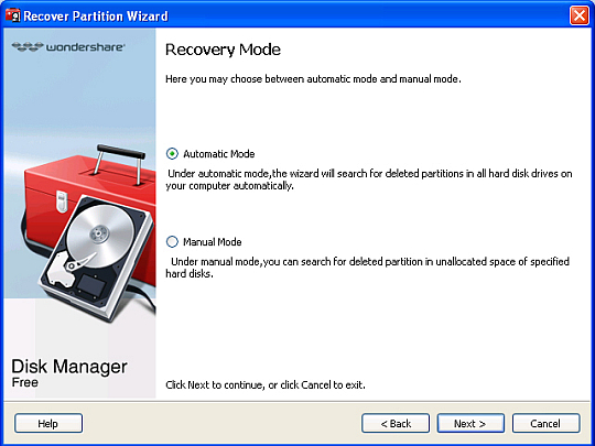 Obnova ztracené partition: Pokud nevíte, z kterého pevného disku oddíl zmizel, zvolte automatický mód.
