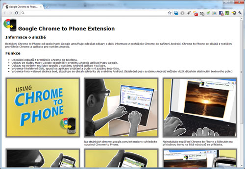 Google Chrome to Phone Extension -  přenos dat mezi Chrome a Androidem.