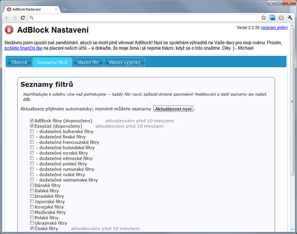 Nastavení AdBlock: Zde můžete definovat seznam filtrů, a přidat stránky na kterých se reklama nemá blokovat.
