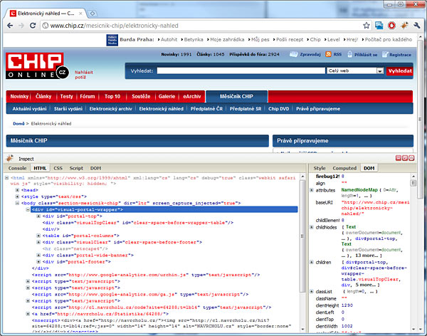 Firebug Lite for Google Chrome v akci.