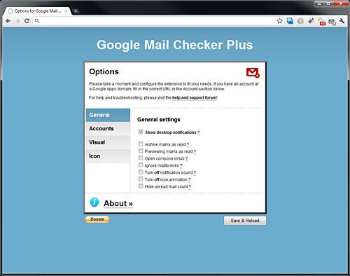 Google Mail Checker Plus umožňuje poměrně rozsáhlou konfiguraci. Můžete změnit téměř vše.