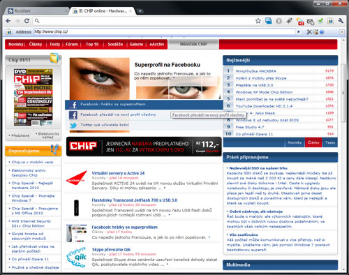 Stránky Chip.cz zobrazené pomocí Internet Explorer 9 Beta v prohlížeči Google Chrome.