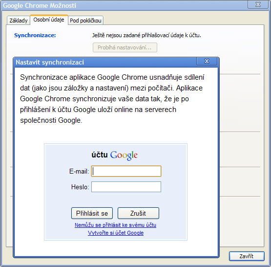 Přihlášení k synchronizaci