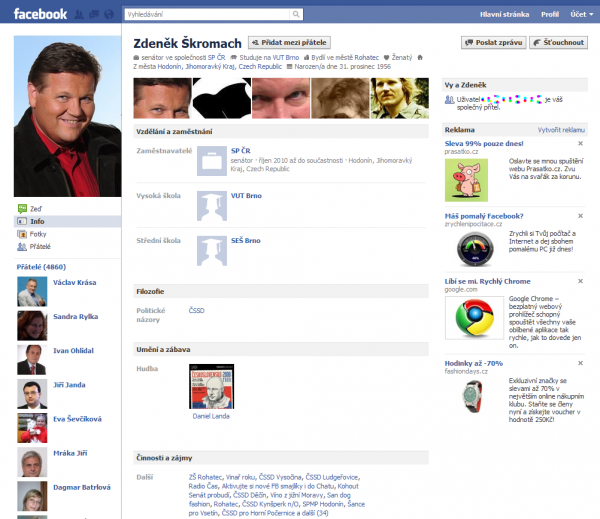 Podoba nového profilu; prohlašujeme, že Zdeňka Škromacha jsme co ukázku vybrali pouze proto, že je uživatelem Facebooku veřejně známým, a nebude se na nás proto zlobit.