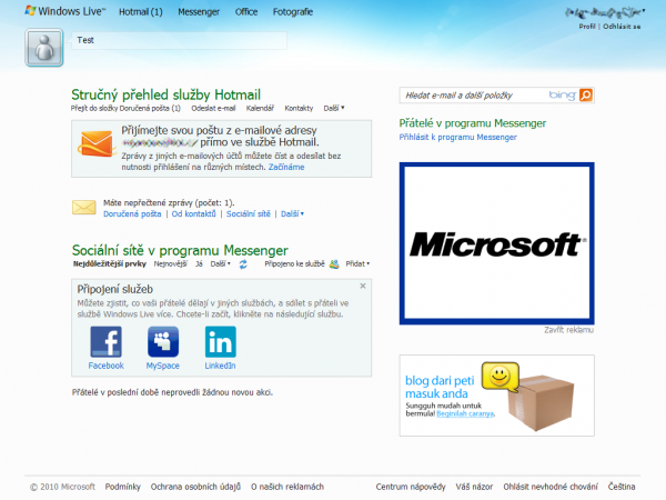Úvodní stránka Windows Live