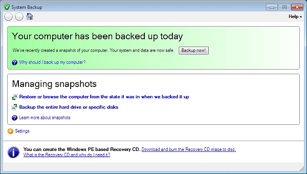 Stav zálohování: Hlavní okno System Backup vás informuje o aktuálním stavu zálohování dat.
