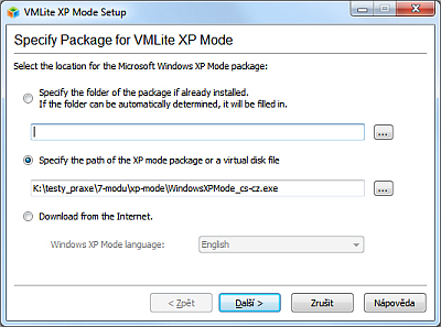 Instalace: Stačí ukázat na soubor s instalací XP modu, VMLite se o zbytek postará sám.