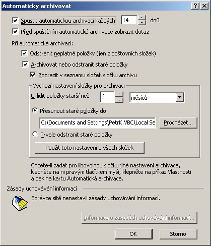 Uklízeč:  Tato položka nastavení automatické archivace určuje, kam má Outlook odkládat starší prvky. 