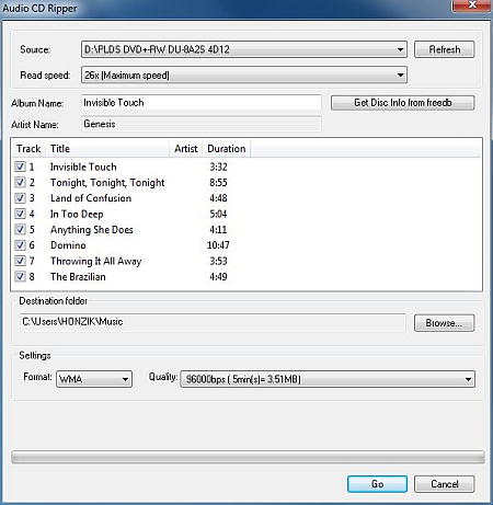 Ripování audio CD: Ani kopírování hudebních cédéček do formátu WMA nebo WAV není žádný problém.