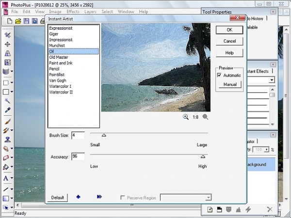 Umělecké efekty: Na kliknutí myší umí program aplikovat na grafiku umělecké efekty s výborným výsledkem.