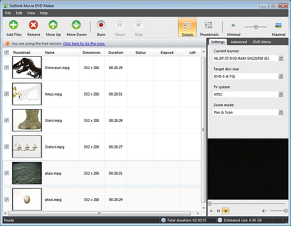 Hlavní okno programu: »Sothink Movie DVD Maker 3.4« nabízí jednoduché a přehledně uspořádané uživatelské rozhraní.