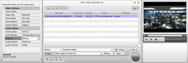 Přehledné rozhraní: Základní okno programu doplňují okna s náhledem videa a s nastavením konverze.