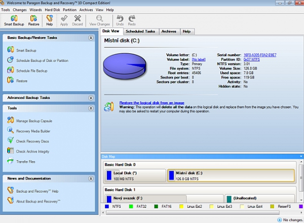 Přehled disků: V pravé dolní části okna najdete mapu disků. Většina funkcí je dostupná na jedno kliknutí díky zkratkám v levém menu.