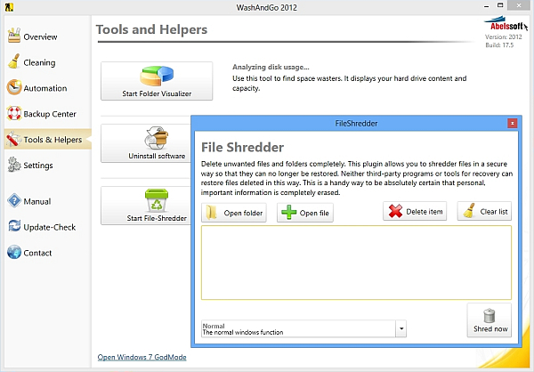Doplňkové nástroje: Z dalších nástrojů programu WashAndGo se hodí především File Shredder na spolehlivé odstranění nepotřebných souborů.