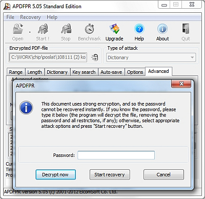 Odstranění ochrany: Jestliže znáte příslušné heslo, odstraní Advanced PDF Password Recovery všechny prvky ochrany PDF dokumentů.