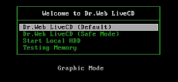 Výběr prostředí: Dr.Web LiveCD může pracovat v grafickém uživatelské prostředí nebo z příkazové řádky.